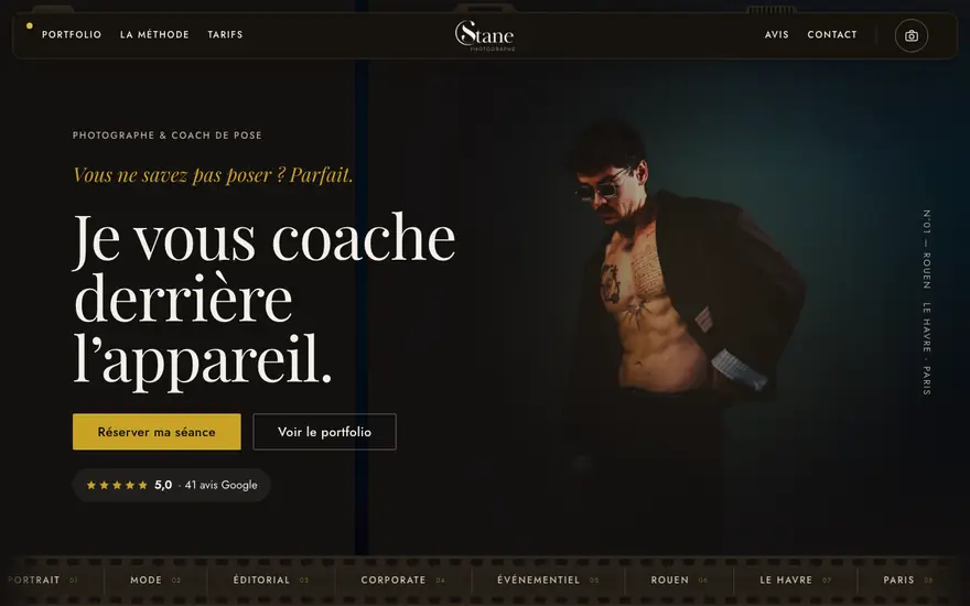 Écran d'accueil du site C.Stane, photographe et coach de pose, Rouen