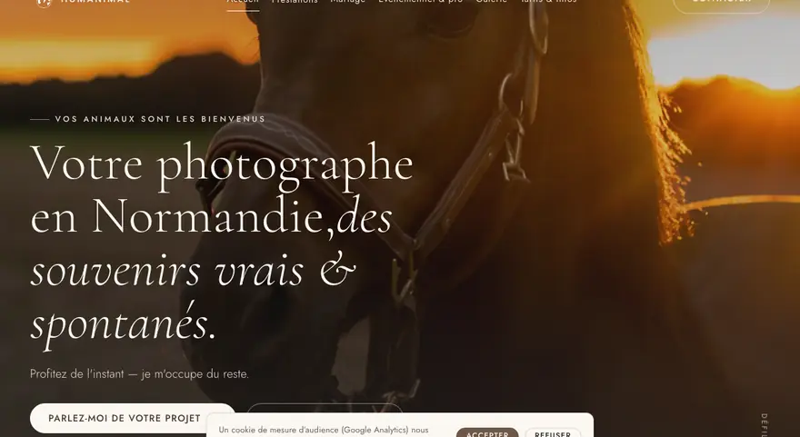 Écran d'accueil du site Humanimal, photographe mariage et animalier, Normandie