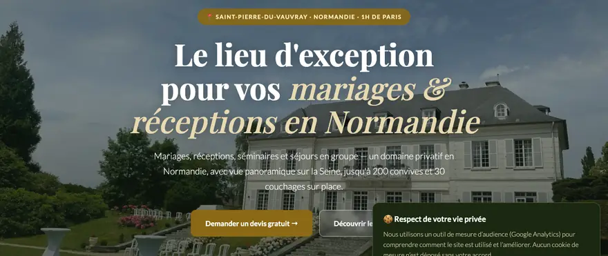 Écran d'accueil du site Manoir de la Houlette, mariages et réceptions, Normandie